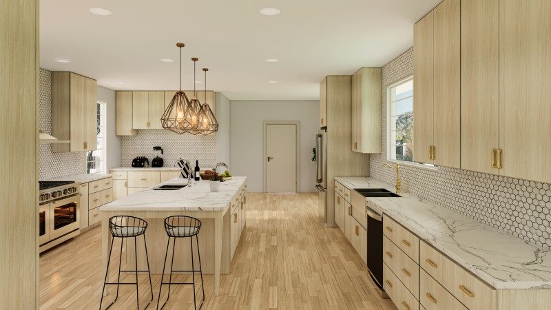 Kitchen with E3 Miele Oak slab cabinets and a hexagon tile backsplash