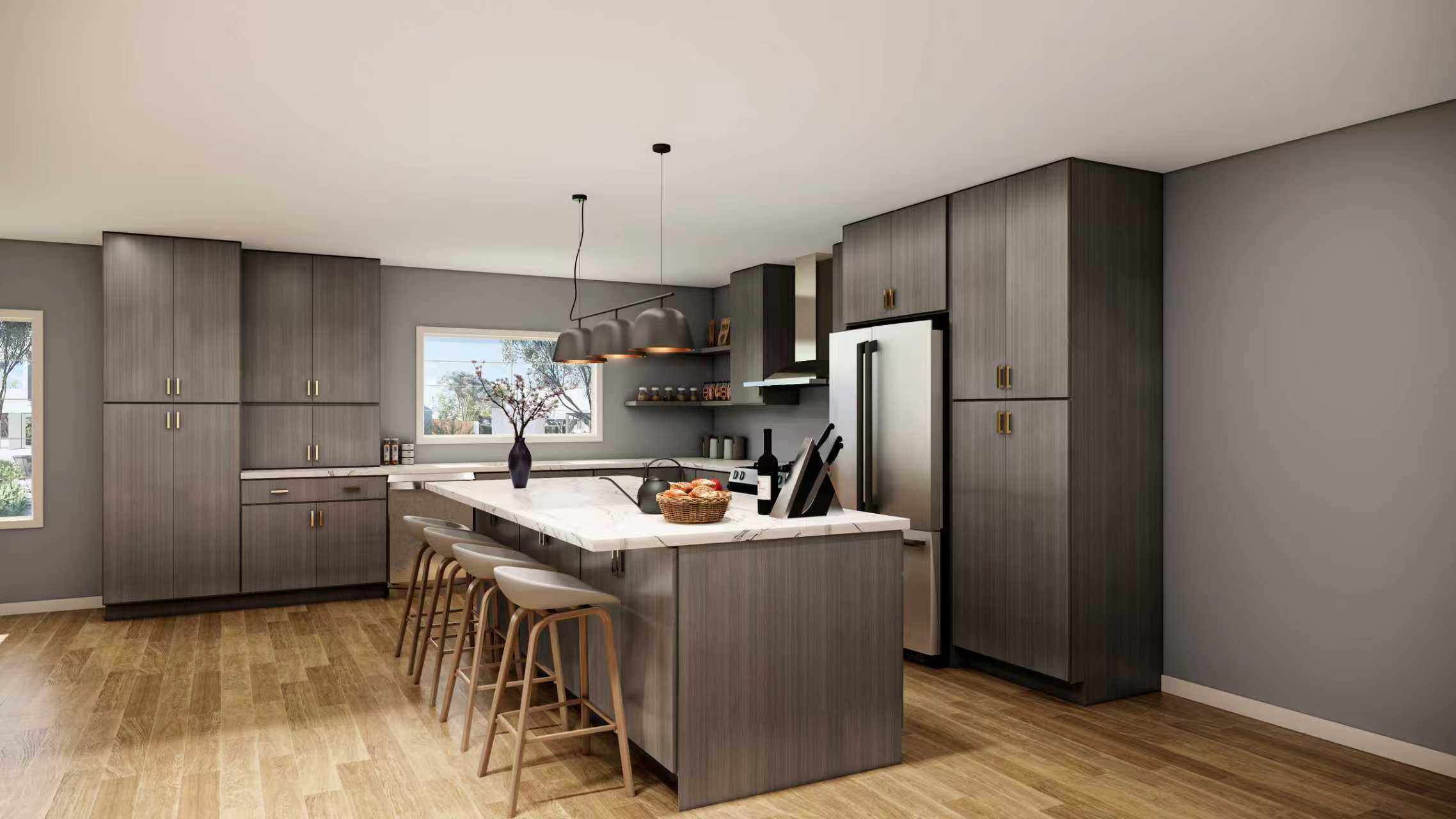 Kitchen with E4 Dusk Wood slab cabinets, a large island, and marble countertops