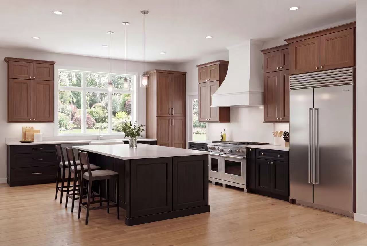 Two-tone G-Series wood kitchen with a dark island