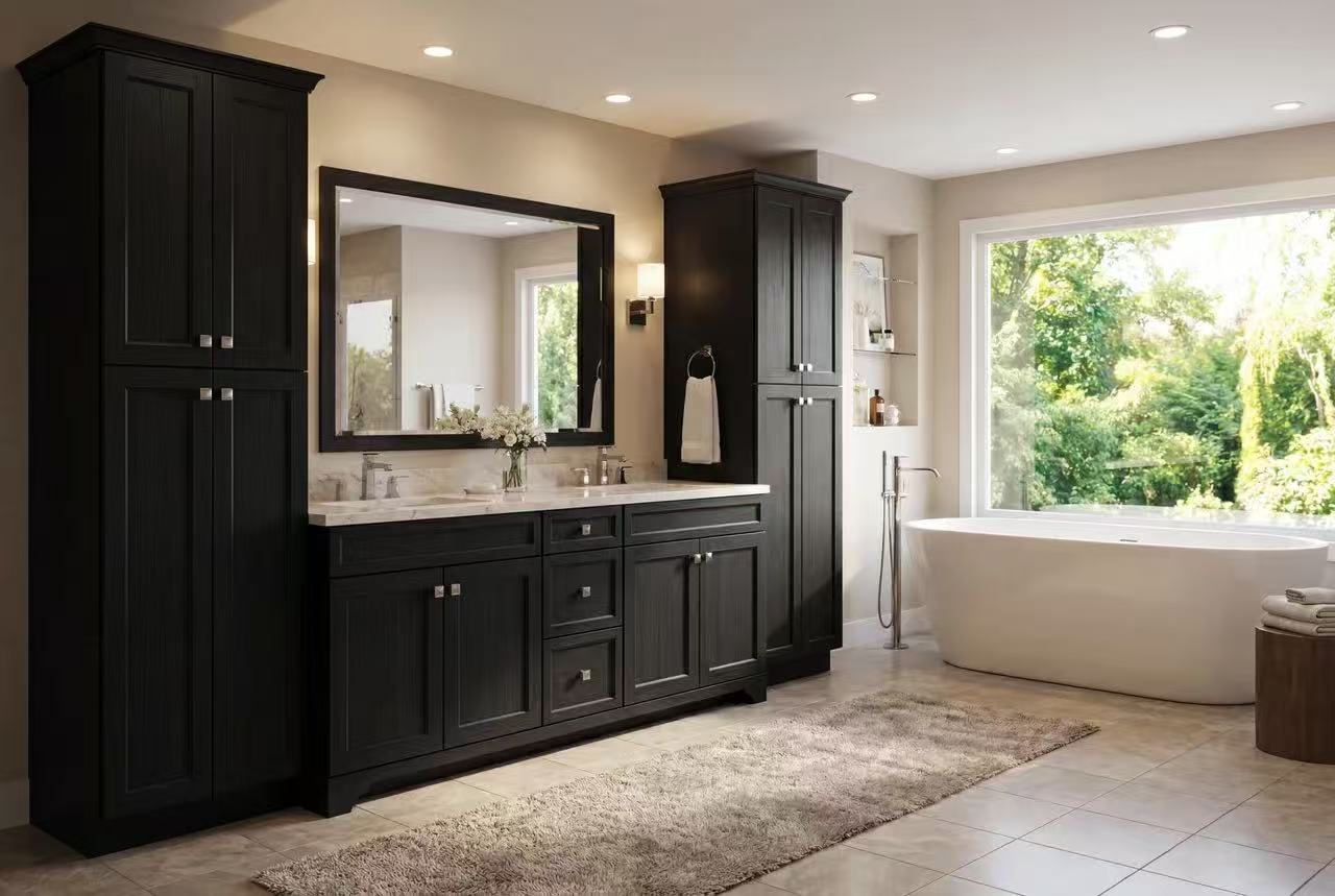 Bathroom with G6 Midnight Oak vanity and tall cabinets