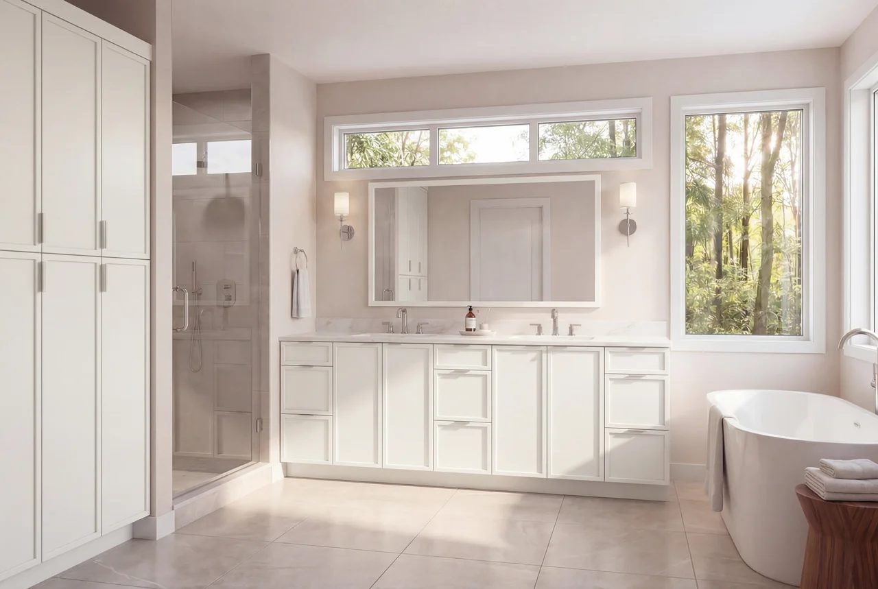 Bathroom with M1 Pure Ivory vanity and tall cabinets