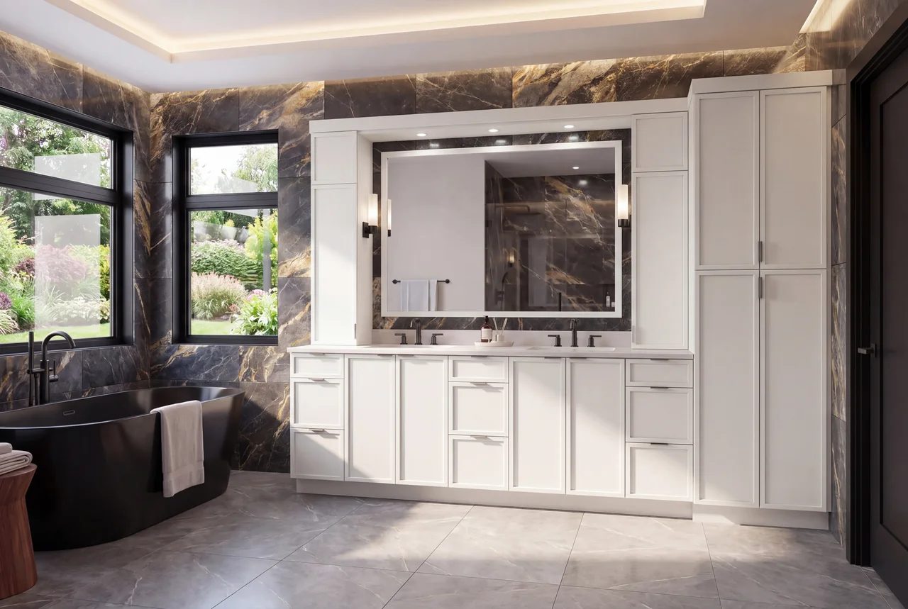 Bathroom with M1 Pure Ivory vanity and tall cabinets