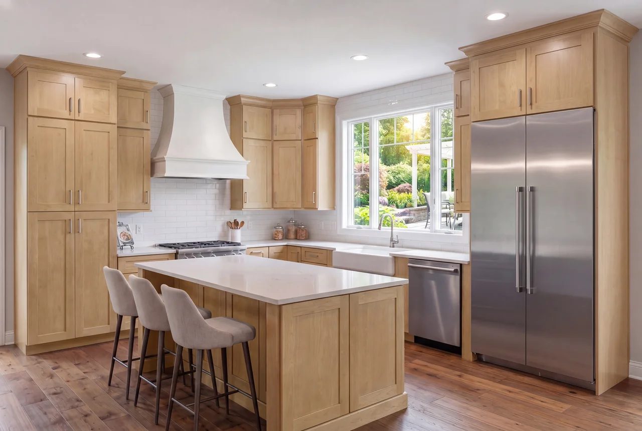 Kitchen with S2 Honey shaker cabinets and a matching island